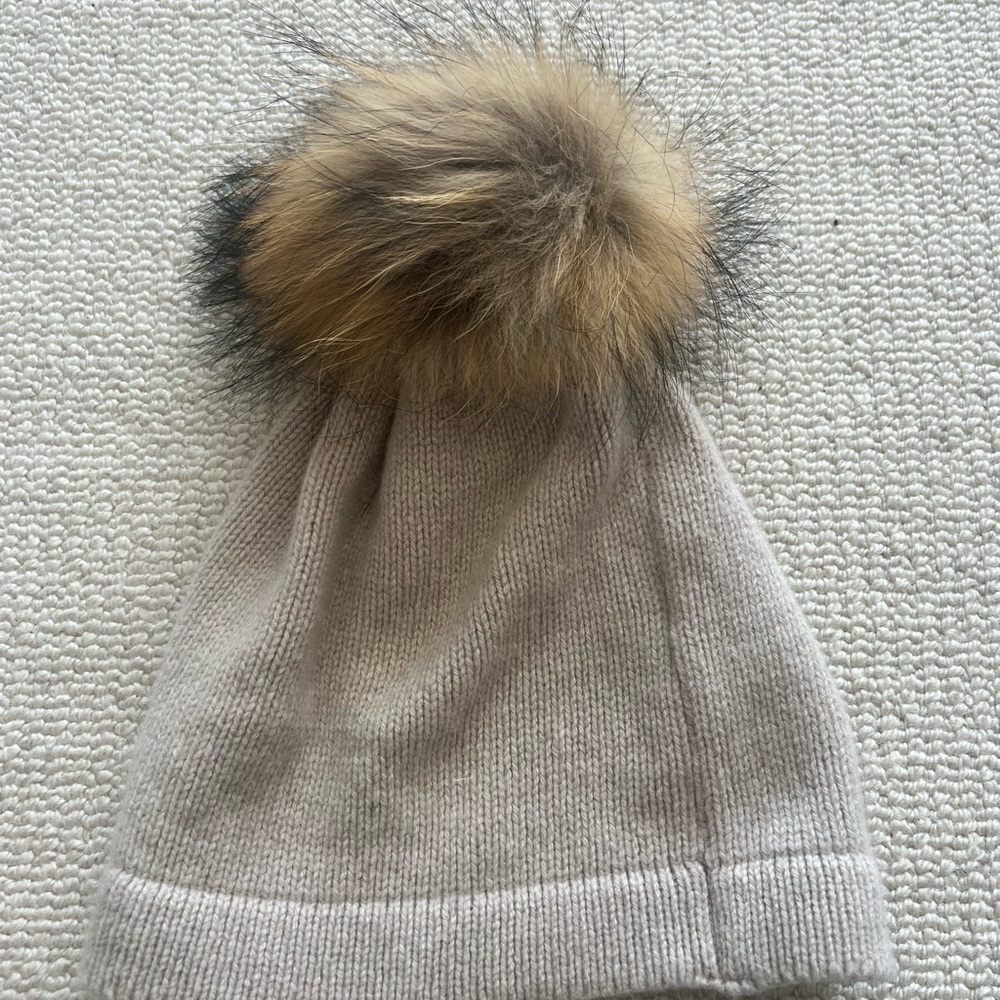 Cream and Brown Knit cashmere Pom-Pom Hat